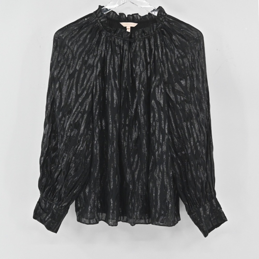 Rebecca Taylor Silk Metallic Top Womens Size 4‎ Black Safari Ruffle Vamp Glam
